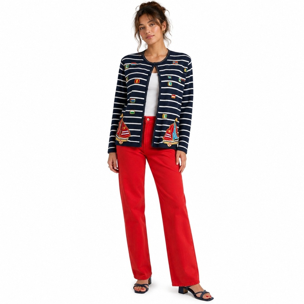 Berek Cardigan Sweater Womens 90s Large Navy Striped Nautical Sailboat Excellent